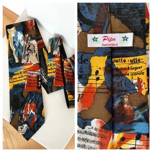 Pipo Switzerland Abstract Music Print Tie/Colorful Violin Sheet Music Notes Design /9.5 cm Wide Polyester Necktie/ Vintage gift for musician