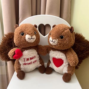 Könnte beinhalten: Zwei Plüsch-Eichhörnchen in Braun mit flauschigen Schwänzen und weißen Bäuchen. Eines hält ein rotes Herz, das andere hat ein rotes Herz auf dem Bauch. Auf einem steht "I'm nuts about you". Sie sitzen auf einem weißen Stuhl.