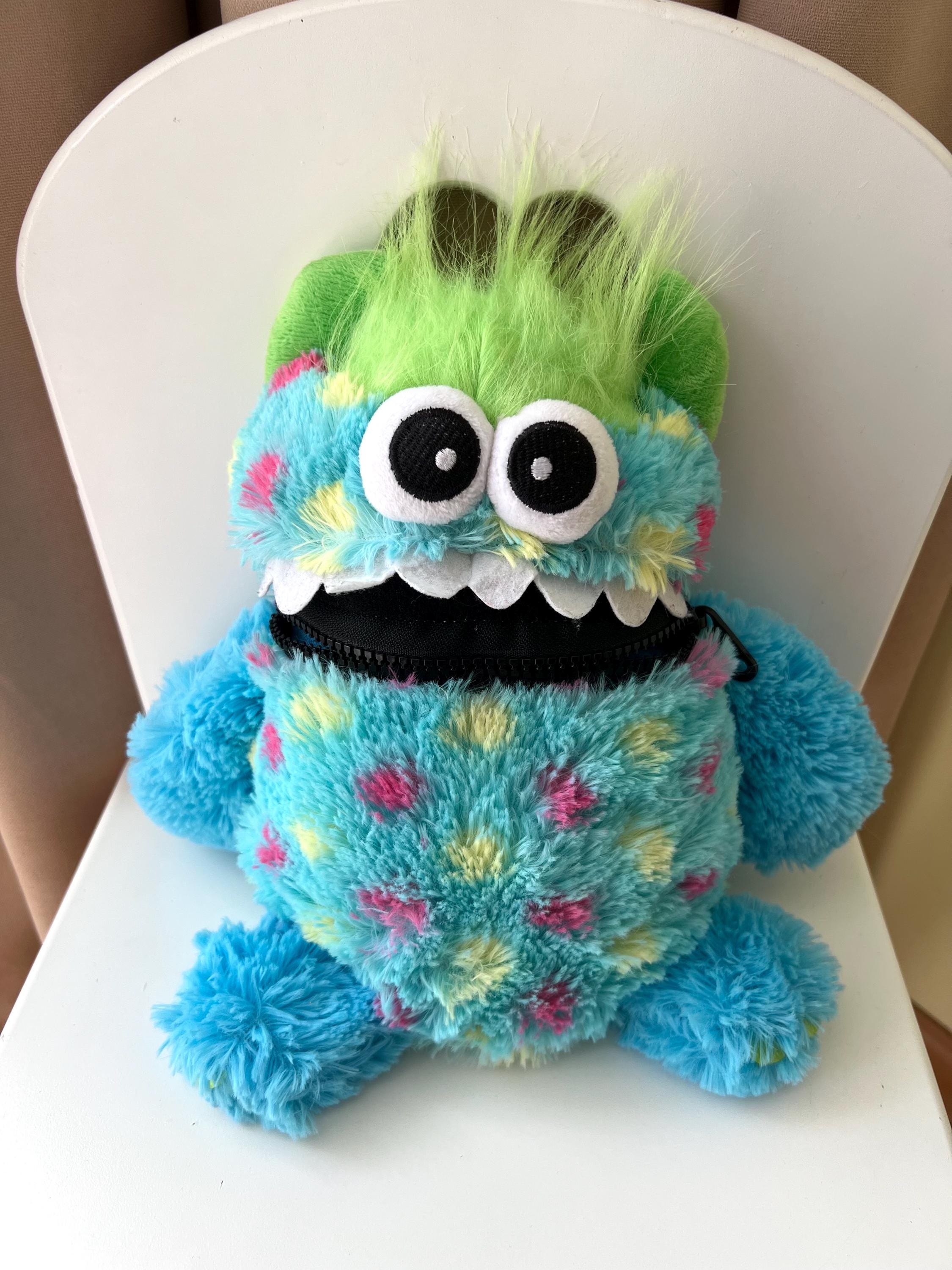 Plush Blue&green Monster Toy With Zipper Mouth Pocket • Plush