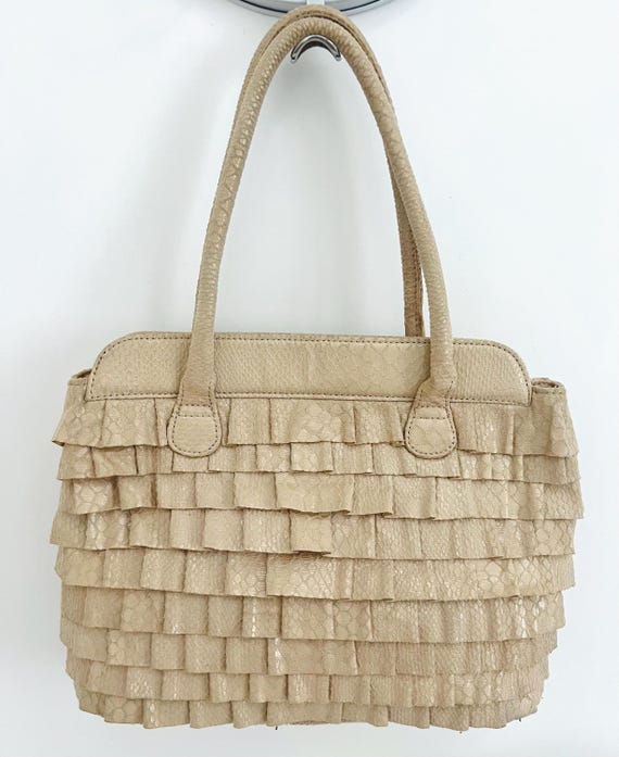 Vintage Beige Ruffle Tote Bag/Medium Elegant Shoulder Handbag/Retro Women Purse with Floral Lining/Magnetic Closure/Womens Gift
