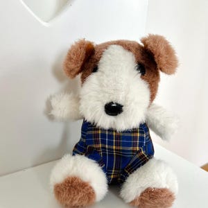 Stuffed little dog Jack Russell Terrier| Plush dog in blue plaid overalls| toddler gift| dog lover gift| collectible toy