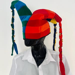 Vintage Colorful Jester Hat with Bells • Medieval Court Fool Costume Cap • Harlequin Festival Headpiece • Size M