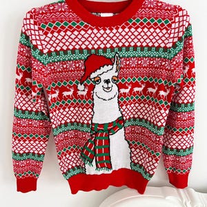 Christmas Ugly Sweater/ Llama in Santa Hat/ Red Green Knit/ Unisex Size S-M fits 158-164 cm/Xmas gift idea/Winter Holiday Sweater/Teen Xmas