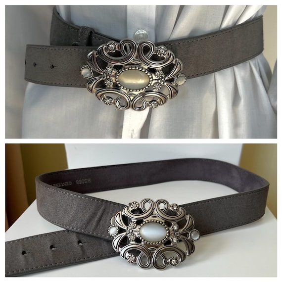 Vintage 80s Gray Suede Leather Belt With Ornate Statement  display picture 1