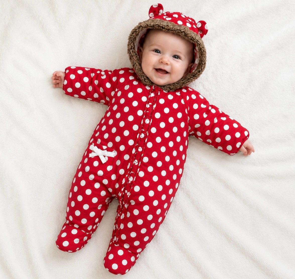Vintage Baby Girl Fall Polka Dot Jumpsuit * Red with White Dots * Fleece Lined * Hooded *3-6 Months (62-68 cm)