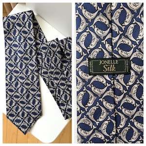 Jonelle Silk Tie Made in UK | Navy Blue with Grey Dolphin Print | Wide 10 cm Vintage Men’s Necktie| Collectible tie| Gift for Him