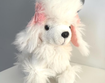 Fluffy Poodle Plush Toy 23cm/White Dog with Pink Ears and Bows/ Cuddly Stuffed Dog/ Kids gift/ Dog lover gift/ Vintage Plush