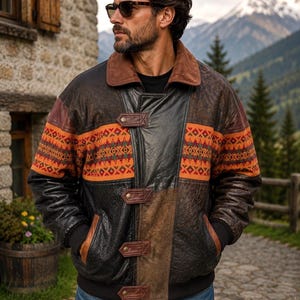 Chaqueta de cuero genuino Ashwood vintage para hombre • Talla L • Bomber de gamuza con patchwork marrón • Abrigo western de punto nórdico, nuevo con etiquetas, chaqueta de cuero de los 90