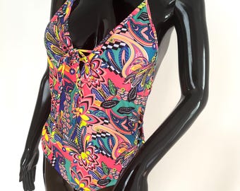Colourful bright one-piece women swimsuit | Size 10 EU S-M, cup A-B | floral swimwear | sexy bikini | bathing swimsuit | vacation outfit
