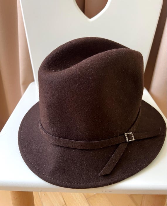 Vintage Women Wool Fedora Hat/ Chocolate Brown With Diamond  display picture 3