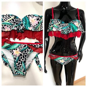 Tropical Ruffle Bikini Size XS-S– Red Mesh Two-Piece Swimsuit, Animal Print & Floral Design,Vintage swimwsuit, New condition