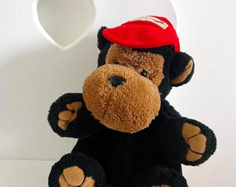 Singe en peluche TÉLÉTHON vintage avec bonnet rouge/singe en peluche rétro/peluche de collection