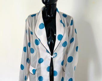 Vintage Sheer Organza Blazer/ Blue Polka Dots/ Lightweight Jacket/ Oversized /Milk White/ Retro 80s Style