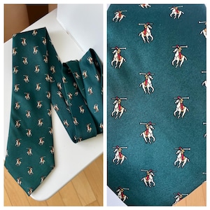 Sette & Bello Silk Tie Green Polo Horse Print | Hand Made Equestrian Necktie| Vintage gift for him| Designer pure silk tie| Collectible tie