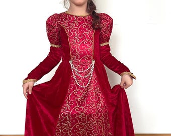 Vintage Dream Play Imagine Princess Red Velvet Costume Dress with Hoop Skirt & Pearls • Size 3-5 Years (110-116cm) •  Like New