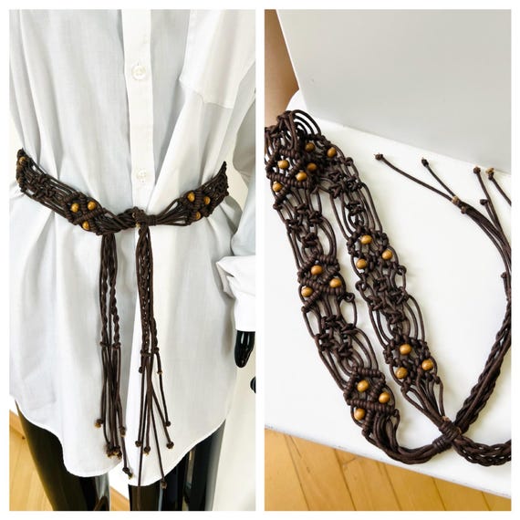 Long Rope Braided Boho Belt Wood Bead - Brown Ancnoz Womens Boho Macrame Belt for Dress Bohemian Style  main image 3