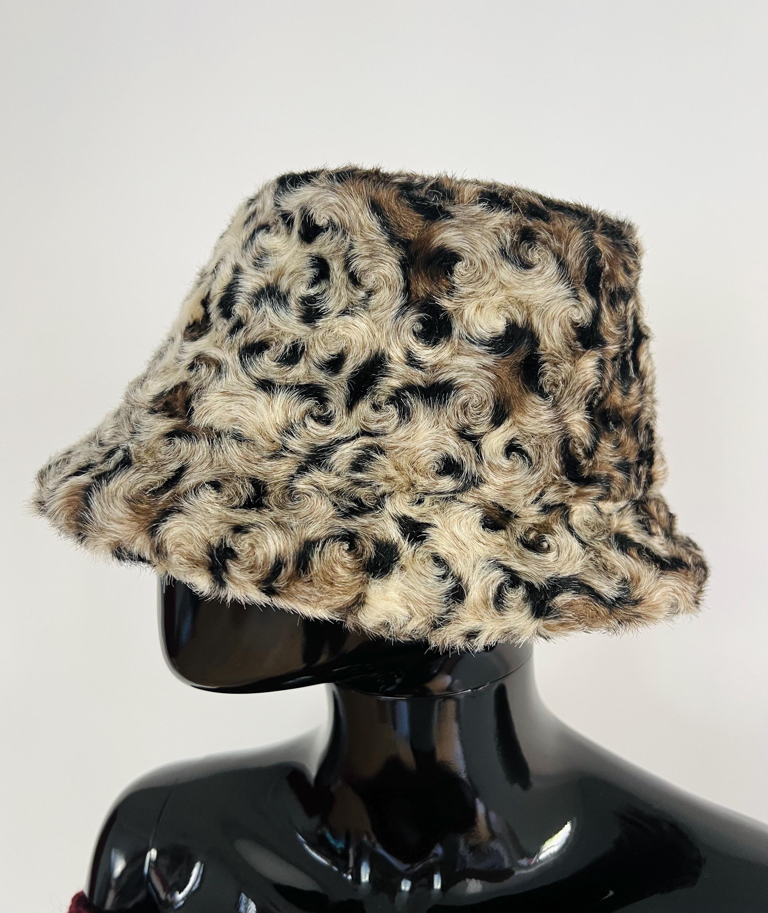 Vintage Leslie James Black Brown Animal Print Cloche Hat 1960s Leslie James Leopard Print Faux Fur Bucket Style Hat W  main image 2
