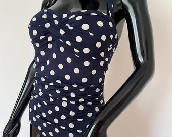 One-piece retro swimsuit | Size L US 12 | Vintage swimwear | Women swimsuit | Dark navy swimsuit Polka dot swimsuit | Retro swimwear 1980's