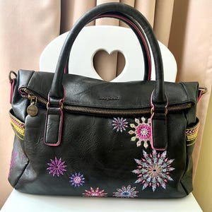 Desigual Floral Appliqué Open Knit Cotton Shoulder Bag  Desigual Cream Satchel with Pink Floral Print and Green & Yellow Accents main image 1