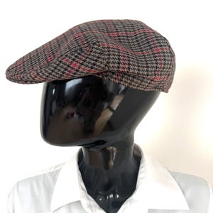 Vintage Houndstooth Flat Cap Tweed Plaid Hat Quilted Lining – Size L - Wool newsboy cap - Goose foot print unisex cap