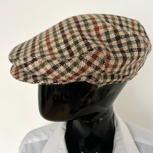 Vintage Checked Newsboy Cap / Flat Cap for Men, Quilted Lining, Brown–Beige Tweed, Size 56–57 cm, Warm Men Retro Cap