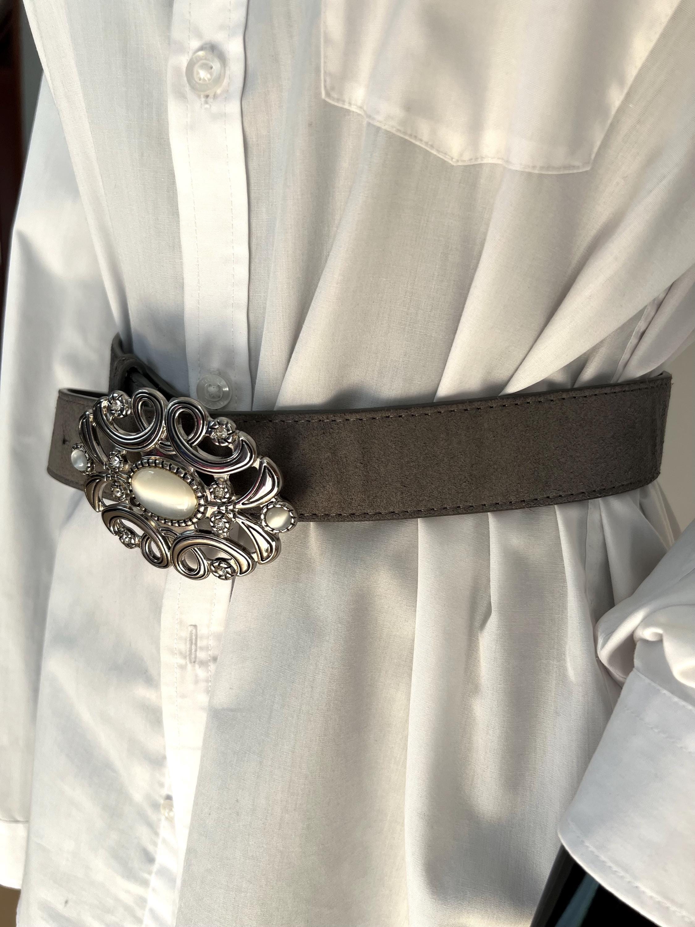 Vintage 80s Gray Suede Leather Belt With Ornate Statement 