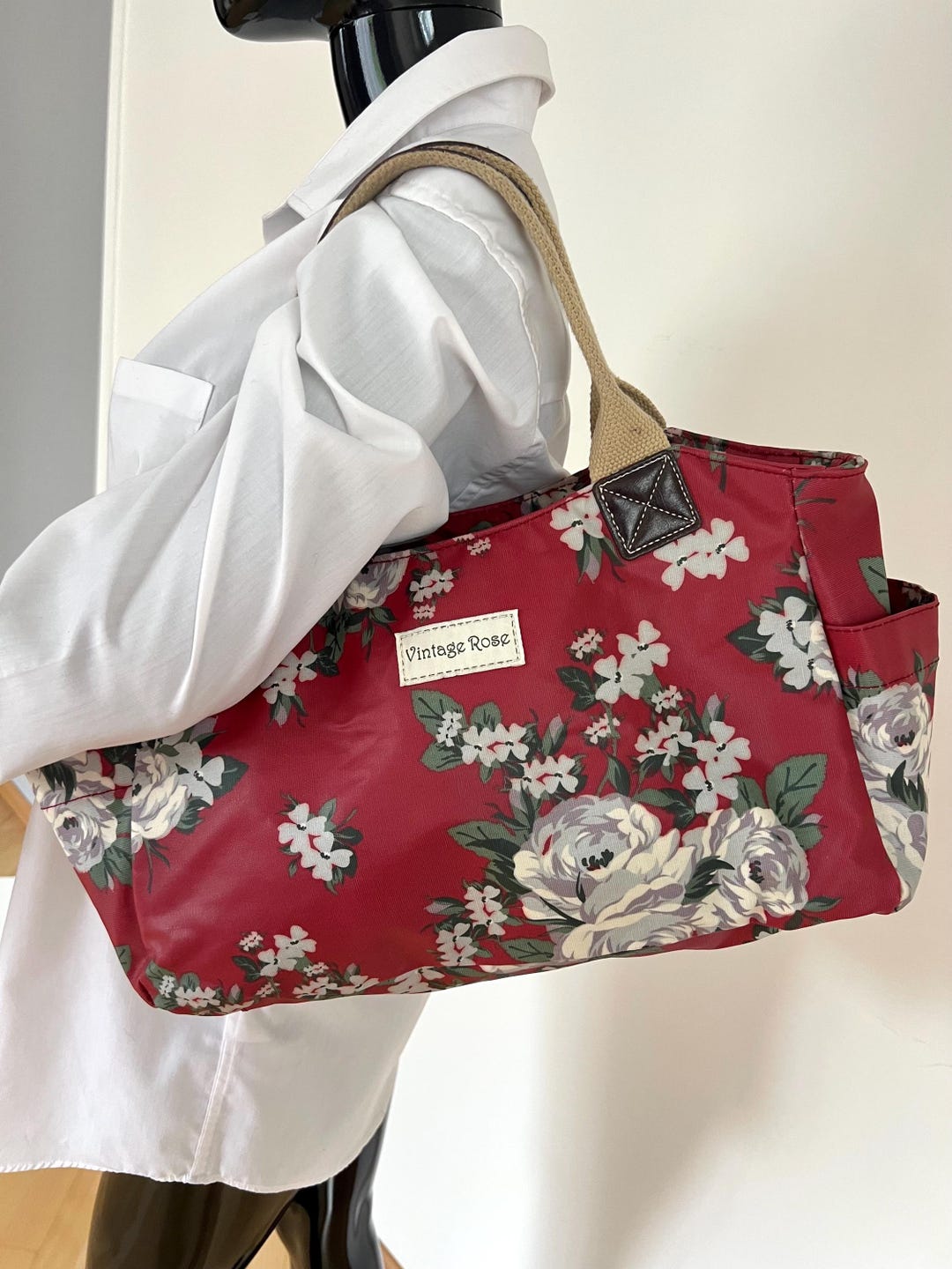 Vintage Rose Floral Tote Bag / Red Rose Print Shoulder Handbag ...