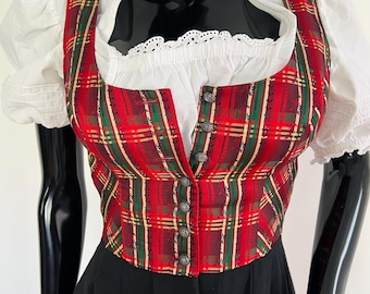 Vintage Red Plaid Dirndl Dress: Linen-Cotton Oktoberfest Outfit (EU 32/XXS-XS)