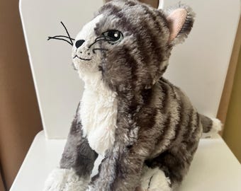 Vintage Gray White Striped Cat Plush – Soft Stuffed Animal Toy, Collectible Kitty, Perfect Condition