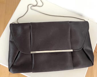 Vintage Grey Satin Evening Clutch Bag with Chain Strap/17x28 cm/Classic Silver Grey Handbag/ Festive Party Wedding Guest Prom Clutch
