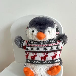 Christmas gift Stuffed penguin Vintage plushie Soft penguin in Christmas sweater and in fur headphones Christmas toy 1990&#39;s New Year gift