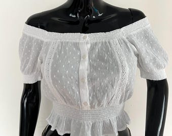 White Ruffle Crop Top | Off-Shoulder Polka Dot Blouse | 100% Cotton | Size XS-S