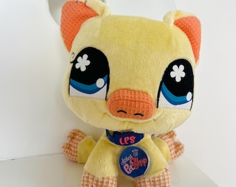 Littlest Pet Shop VIP Plush Pig/ Hasbro 2009 Soft Yellow Stuffed Animal with Gingham Feet & Tag/ Vintage Collectible LPS Toy for Collectors