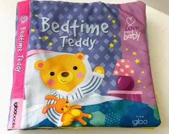 Bedtime Teddy Soft Fabric Baby Book by Igloo Books – I Love My Baby Collection,16cm•16 cm,Sensory Cloth Book with Mirror & Squeaker, Vintage