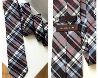 Vintage Michaelis Silk Tie/Geometric Print in Black, Grey, Blue & Red/8cm- 3.15” Wide/ Made in Italy/ Collectible Necktie 80s