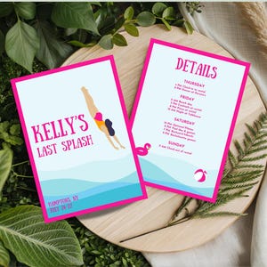 May include: Two invitation cards with pink borders on a wooden surface. One card reads "Kelly's Last Splash" with a diver graphic. The other card lists event details. The background includes greenery and a beach theme.