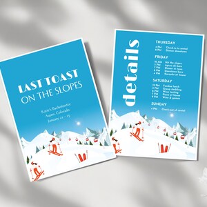 Może przedstawiać: Dwie niebieskie karty z ogłoszeniem wydarzenia z tekstem "LAST TOAST ON THE SLOPES" i "details". Karty przedstawiają zimową scenerię z narciarzami i górami. Wydarzenie odbywa się w Aspen, Colorado.