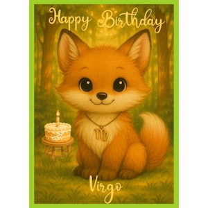 Virgo Zodiac Birthday Card - Cute Fox Astrology Greeting, Horoscope Star Sign Card, Celestial Birthday Gift