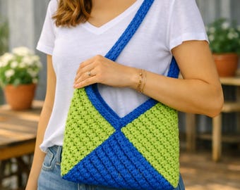 Borsa boho lavorata a maglia blu e gialla - Borsa tote in cordoncino di cotone fatta a mano
