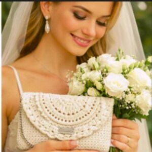 May include: A cream-colored, crocheted clutch with a silver chain strap. The clutch features a scalloped flap and a decorative pattern. The image also shows a bouquet of white roses and a bride wearing a veil and earrings.