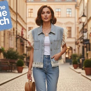 Gilet en jean avec patchwork de dentelle, haut de veste en jean décontracté, gilet sans manches à la mode estivale, tenue streetwear vintage pour un usage quotidien et de bureau