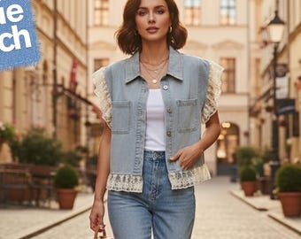 Kanten patchwork denim vest, casual jeansjasje, zomermode mouwloos gilet, vintage streetwear outfit voor dagelijks gebruik en kantoorkleding