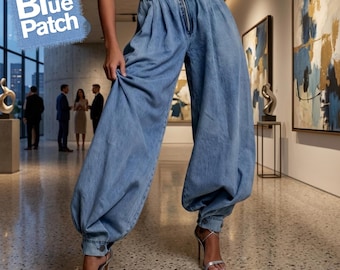 Damen Baggy Denim Jeans mit weitem Bein | Vintage Light Wash Locker Haremshose mit Taschen | Lässige Denim Hose im überarbeiteten Style