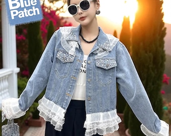 Women’s Short Denim Jacket with Nail Bead Details – Vintage Jean Coat, Turn Down Collar, Denim Jean Jacket, Halloween Gift for Her