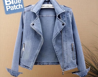 Vintage Wash Denim Jacket: Spliced Details, Turn-Down Collar