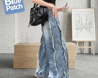 Y2K Baggy Denim Jeans Women – Vintage Washed Wide Leg Tassel Patchwork Pants, Distressed Streetwear Denim Trousers