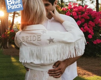 Custom Bride Denim Jacket with Pearls & Fringe – Bridal Jean Jacket, Gift for Bride, Wedding Jacket, Mrs Jacket, Bride to Be