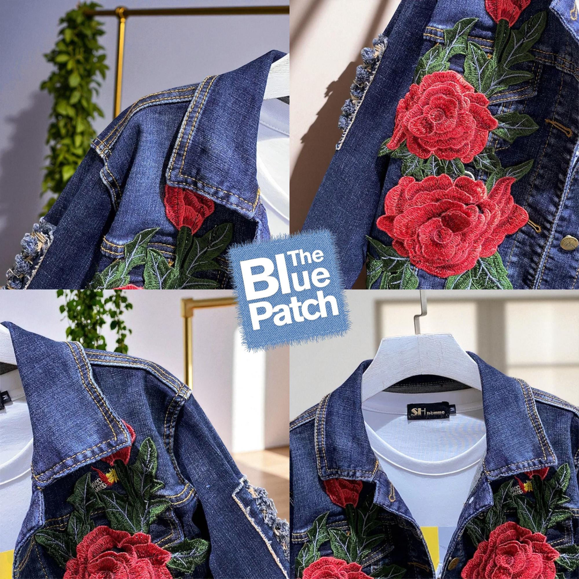 デニムジャケット 赤いバラ刺繍 赤いバラの刺繍入りデニムジャケット | ヴィンテージジーンズのパッチ