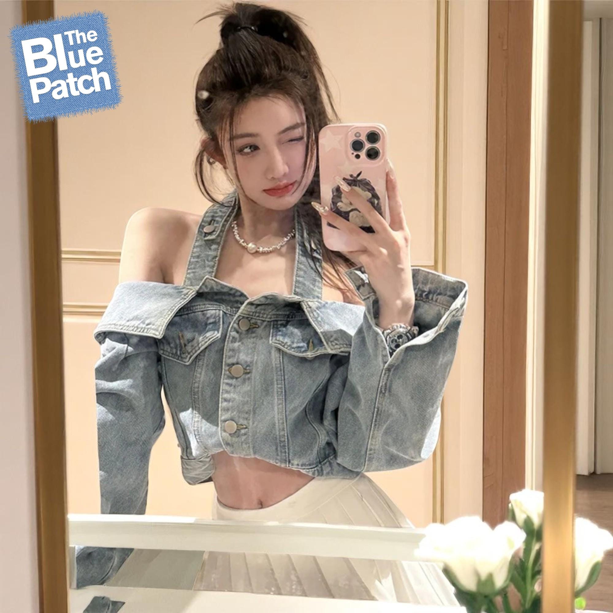 Off Shoulder Cropped Denim Jacket | Vintage Jean Streetwear Jacket | Button Up Spring Cardigan | Gift for Her | Women's Top