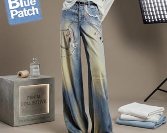 Women’s Wide Leg Denim Jeans – Mid Waist Loose Office Lady Pants, Vintage Light Wash Lyocell Denim, Summer Casual Trousers